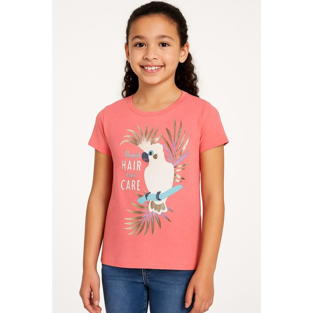 Beach Hair Don't Care Peach Bird T-shirt Girls 6 Small Graphic Beachy Tropical